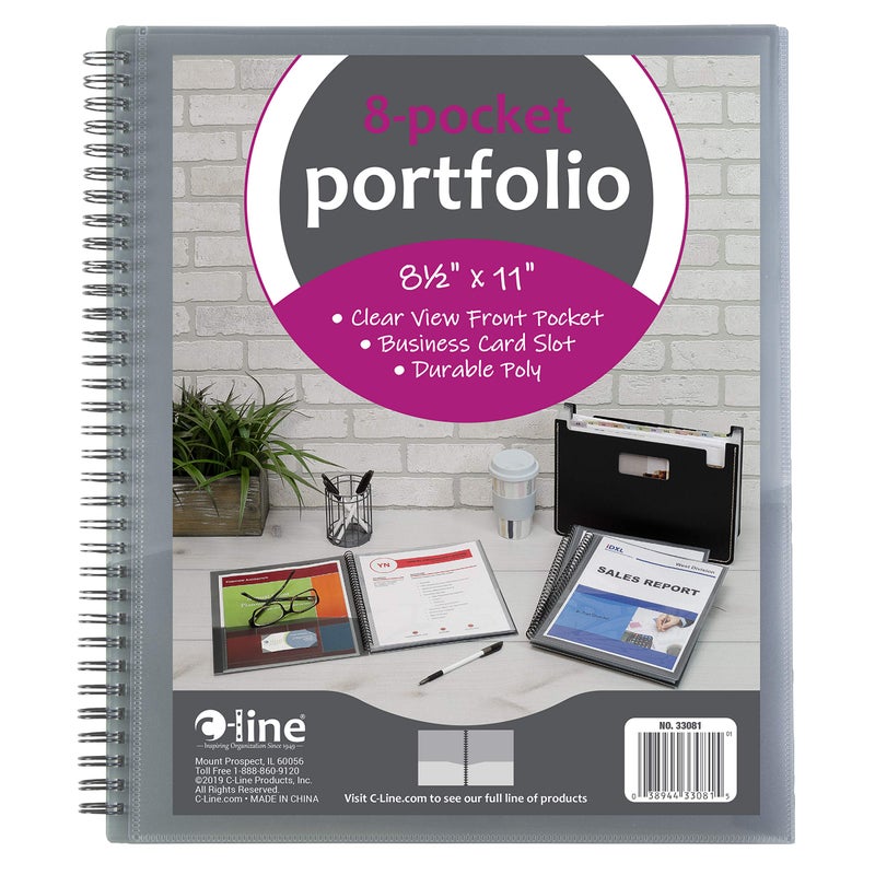 C-Line 8-Pocket Spiral-Bound Poly Portfolio, Letter Size, 1 Portfolio, Smoke Gray (33081) - Image 1